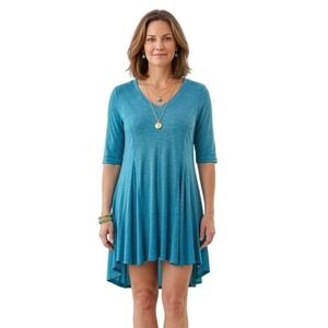 Soft Surroundings Casual Dress Womens Medium Teal Blue V-Neck High-Low Hem